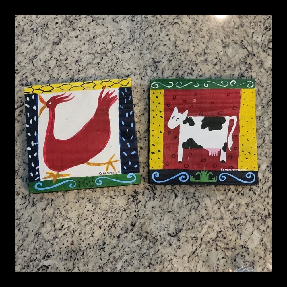 Paul Schexnayder paintings on block wood. 11.5×11.5 inches. Rural LA artist